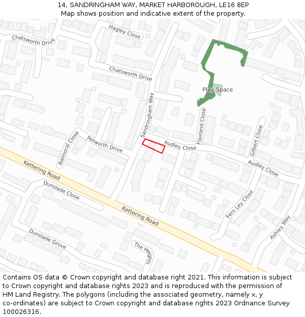 14, SANDRINGHAM WAY, MARKET HARBOROUGH, LE16 8EP: Location map and indicative extent of plot