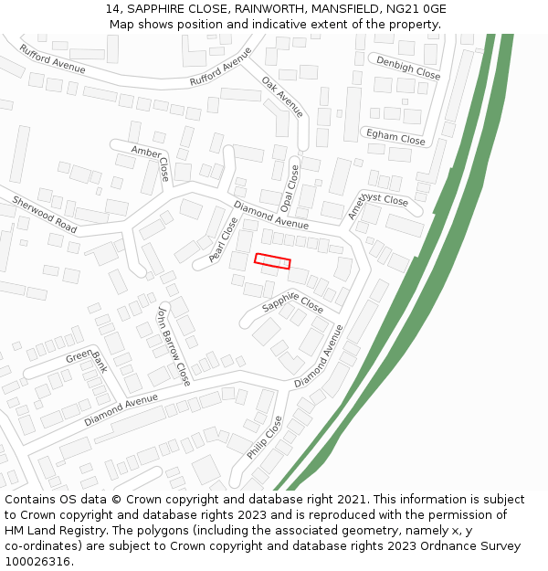 14, SAPPHIRE CLOSE, RAINWORTH, MANSFIELD, NG21 0GE: Location map and indicative extent of plot