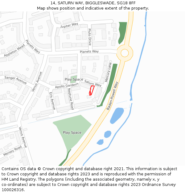 14, SATURN WAY, BIGGLESWADE, SG18 8FF: Location map and indicative extent of plot