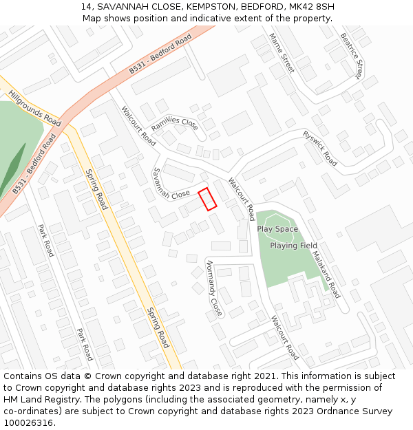 14, SAVANNAH CLOSE, KEMPSTON, BEDFORD, MK42 8SH: Location map and indicative extent of plot