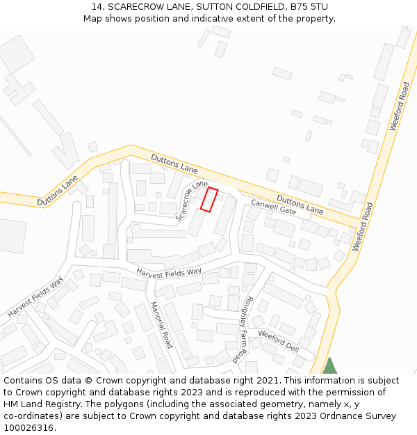 14, SCARECROW LANE, SUTTON COLDFIELD, B75 5TU: Location map and indicative extent of plot