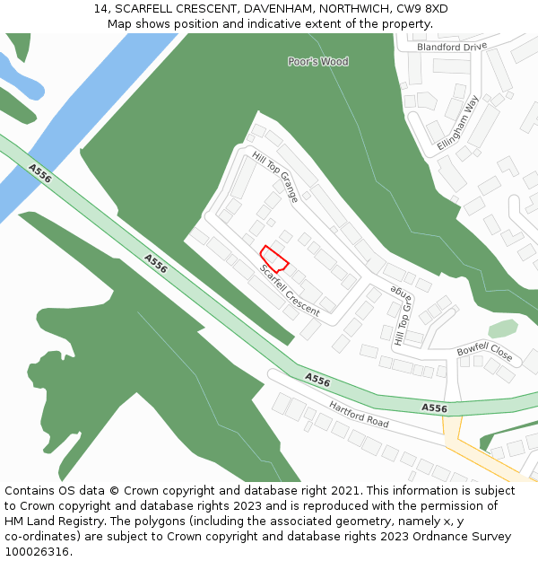 14, SCARFELL CRESCENT, DAVENHAM, NORTHWICH, CW9 8XD: Location map and indicative extent of plot
