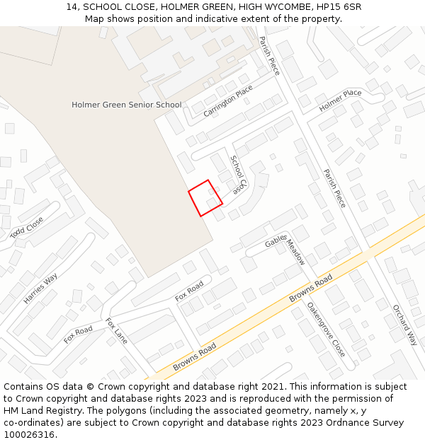 14, SCHOOL CLOSE, HOLMER GREEN, HIGH WYCOMBE, HP15 6SR: Location map and indicative extent of plot