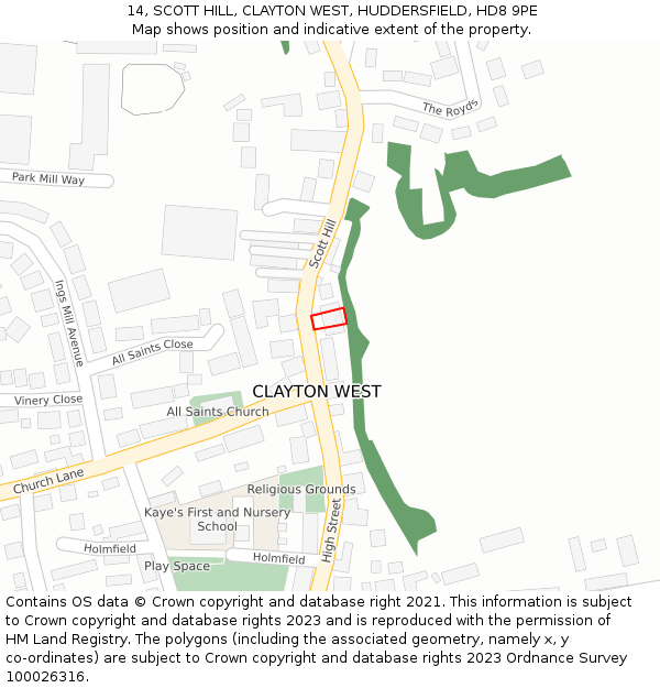 14, SCOTT HILL, CLAYTON WEST, HUDDERSFIELD, HD8 9PE: Location map and indicative extent of plot