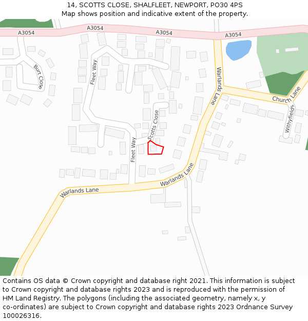 14, SCOTTS CLOSE, SHALFLEET, NEWPORT, PO30 4PS: Location map and indicative extent of plot