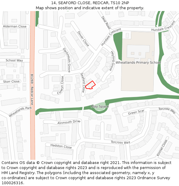 14, SEAFORD CLOSE, REDCAR, TS10 2NP: Location map and indicative extent of plot