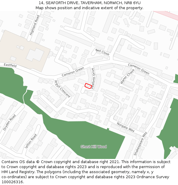 14, SEAFORTH DRIVE, TAVERHAM, NORWICH, NR8 6YU: Location map and indicative extent of plot
