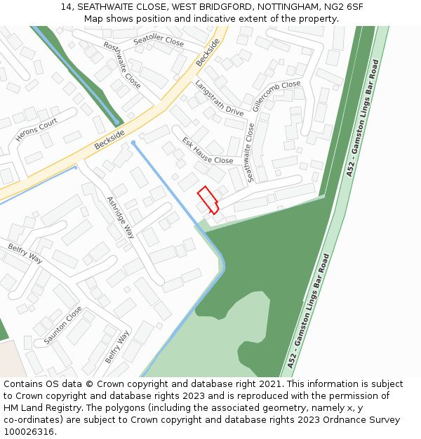 14, SEATHWAITE CLOSE, WEST BRIDGFORD, NOTTINGHAM, NG2 6SF: Location map and indicative extent of plot