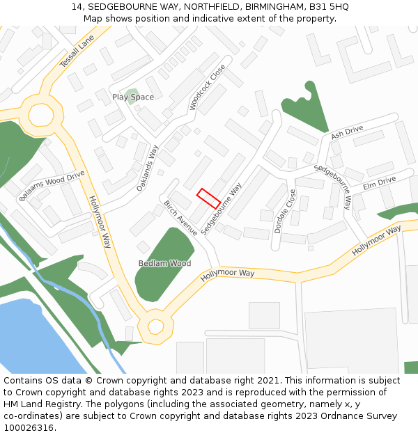 14, SEDGEBOURNE WAY, NORTHFIELD, BIRMINGHAM, B31 5HQ: Location map and indicative extent of plot
