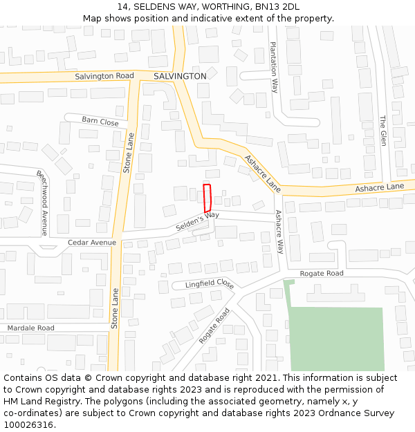 14, SELDENS WAY, WORTHING, BN13 2DL: Location map and indicative extent of plot