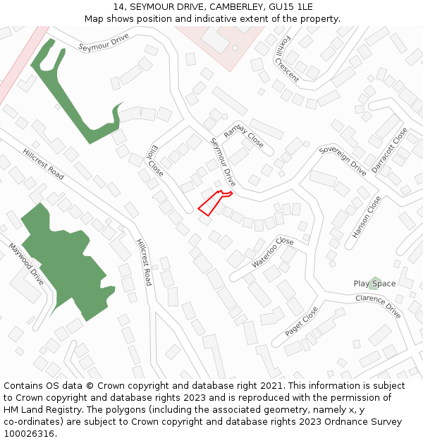 14, SEYMOUR DRIVE, CAMBERLEY, GU15 1LE: Location map and indicative extent of plot