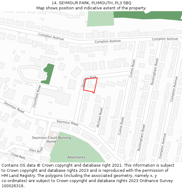 14, SEYMOUR PARK, PLYMOUTH, PL3 5BQ: Location map and indicative extent of plot