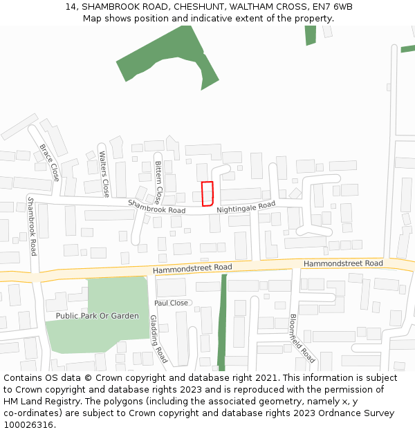 14, SHAMBROOK ROAD, CHESHUNT, WALTHAM CROSS, EN7 6WB: Location map and indicative extent of plot