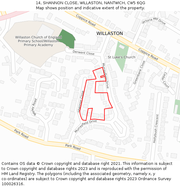 14, SHANNON CLOSE, WILLASTON, NANTWICH, CW5 6QG: Location map and indicative extent of plot