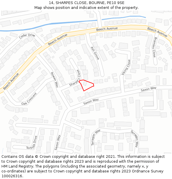 14, SHARPES CLOSE, BOURNE, PE10 9SE: Location map and indicative extent of plot