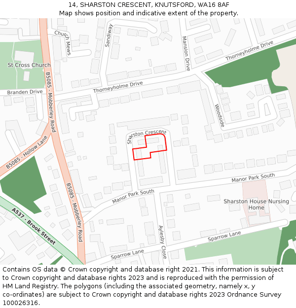 14, SHARSTON CRESCENT, KNUTSFORD, WA16 8AF: Location map and indicative extent of plot