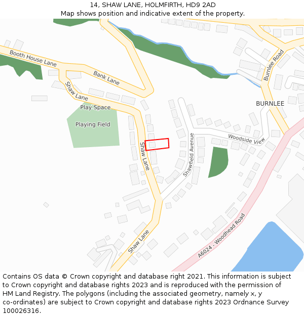 14, SHAW LANE, HOLMFIRTH, HD9 2AD: Location map and indicative extent of plot