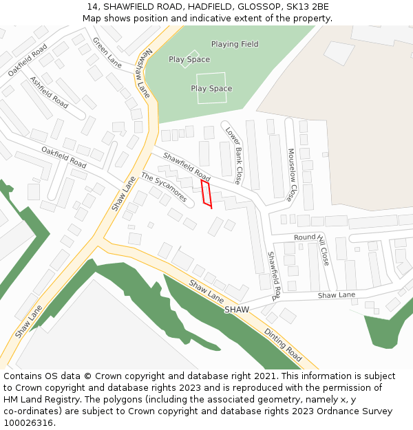 14, SHAWFIELD ROAD, HADFIELD, GLOSSOP, SK13 2BE: Location map and indicative extent of plot