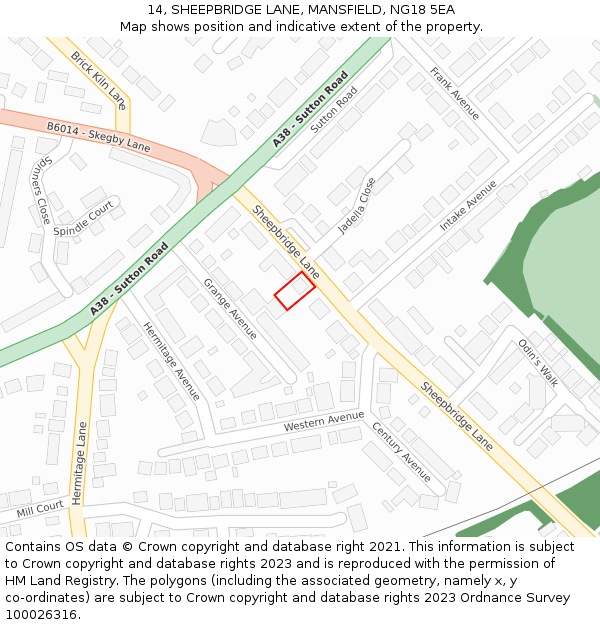 14, SHEEPBRIDGE LANE, MANSFIELD, NG18 5EA: Location map and indicative extent of plot