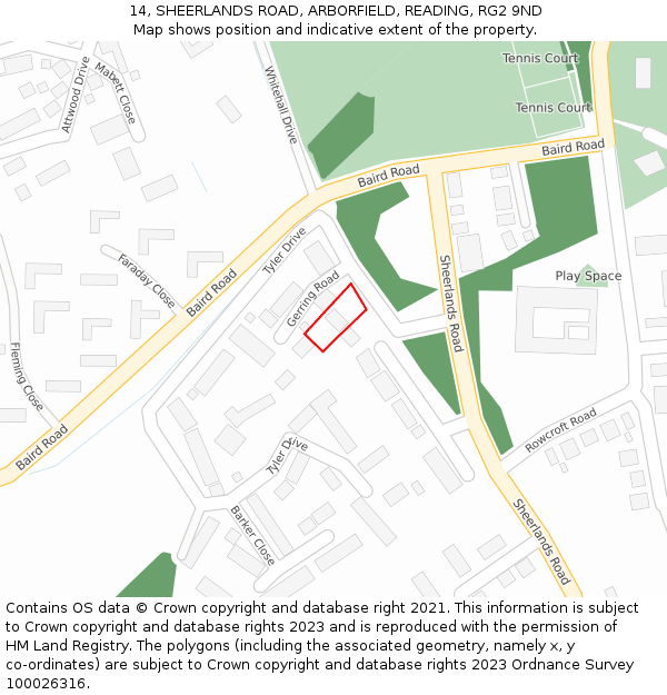 14, SHEERLANDS ROAD, ARBORFIELD, READING, RG2 9ND: Location map and indicative extent of plot