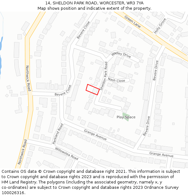 14, SHELDON PARK ROAD, WORCESTER, WR3 7YA: Location map and indicative extent of plot