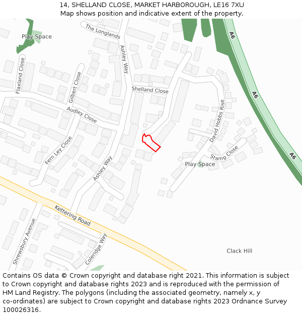 14, SHELLAND CLOSE, MARKET HARBOROUGH, LE16 7XU: Location map and indicative extent of plot