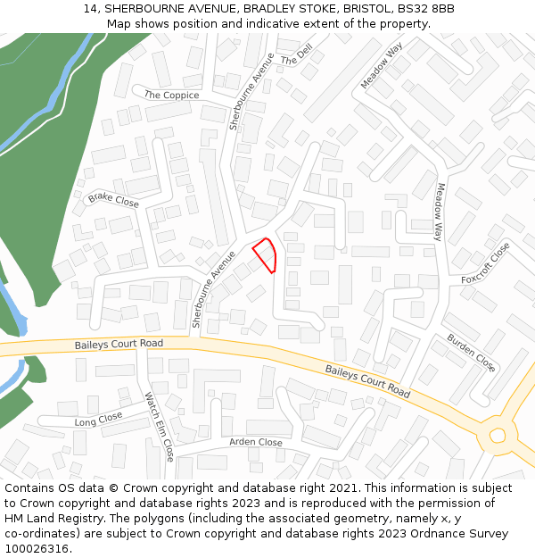 14, SHERBOURNE AVENUE, BRADLEY STOKE, BRISTOL, BS32 8BB: Location map and indicative extent of plot