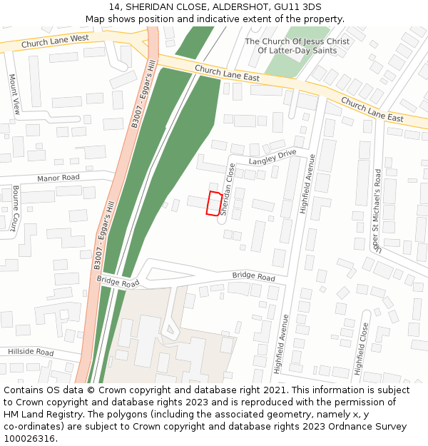 14, SHERIDAN CLOSE, ALDERSHOT, GU11 3DS: Location map and indicative extent of plot