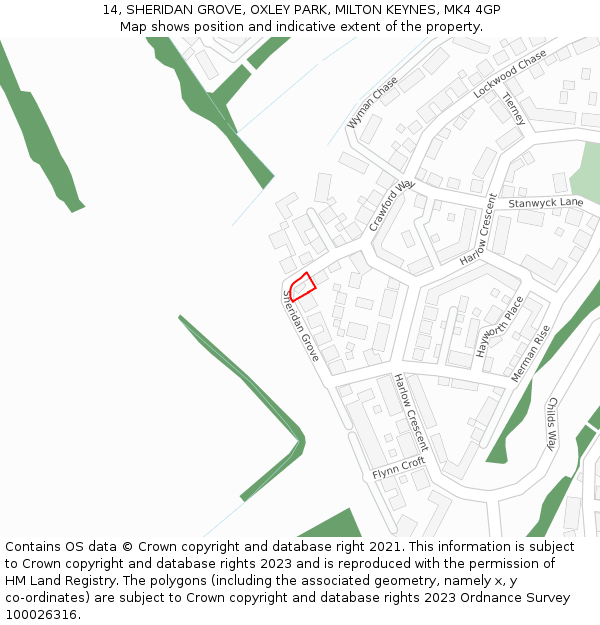 14, SHERIDAN GROVE, OXLEY PARK, MILTON KEYNES, MK4 4GP: Location map and indicative extent of plot