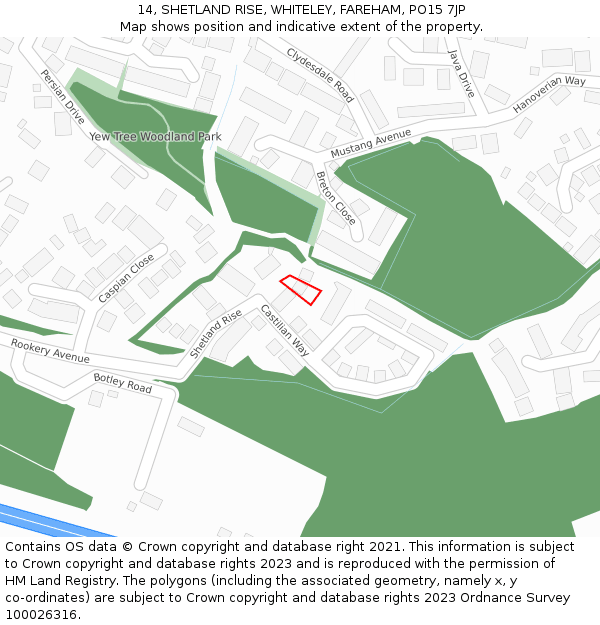 14, SHETLAND RISE, WHITELEY, FAREHAM, PO15 7JP: Location map and indicative extent of plot