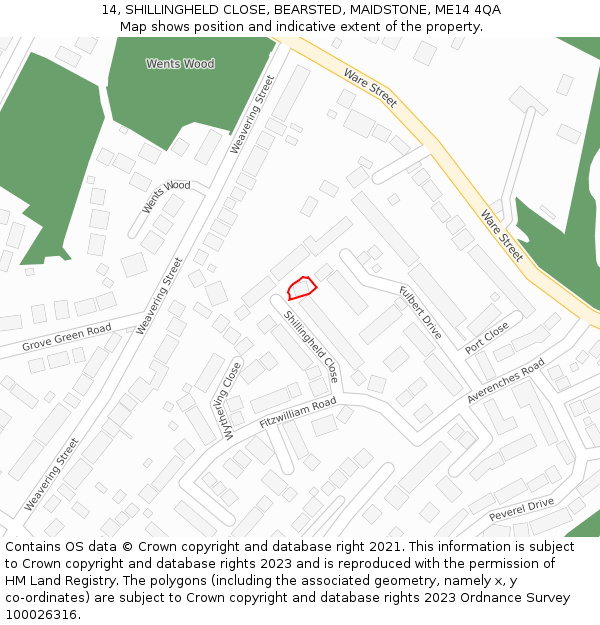 14, SHILLINGHELD CLOSE, BEARSTED, MAIDSTONE, ME14 4QA: Location map and indicative extent of plot