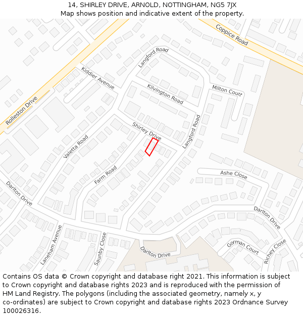 14, SHIRLEY DRIVE, ARNOLD, NOTTINGHAM, NG5 7JX: Location map and indicative extent of plot