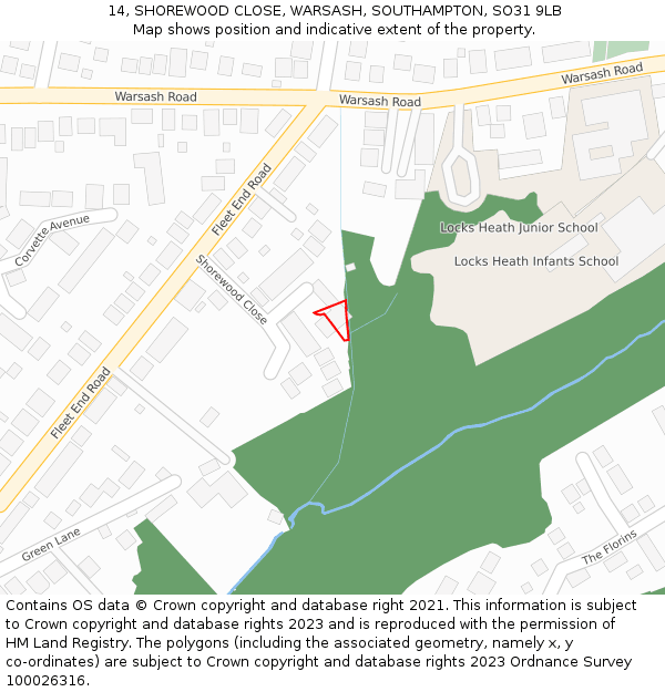 14, SHOREWOOD CLOSE, WARSASH, SOUTHAMPTON, SO31 9LB: Location map and indicative extent of plot