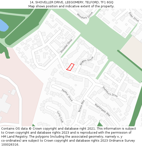 14, SHOVELLER DRIVE, LEEGOMERY, TELFORD, TF1 6GQ: Location map and indicative extent of plot