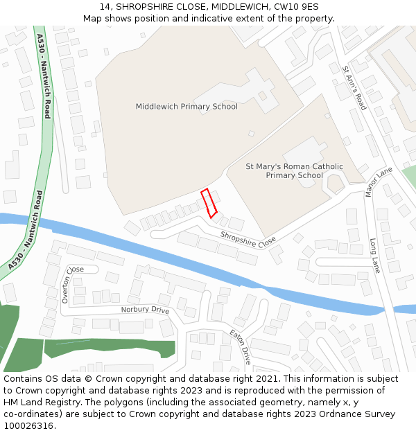 14, SHROPSHIRE CLOSE, MIDDLEWICH, CW10 9ES: Location map and indicative extent of plot