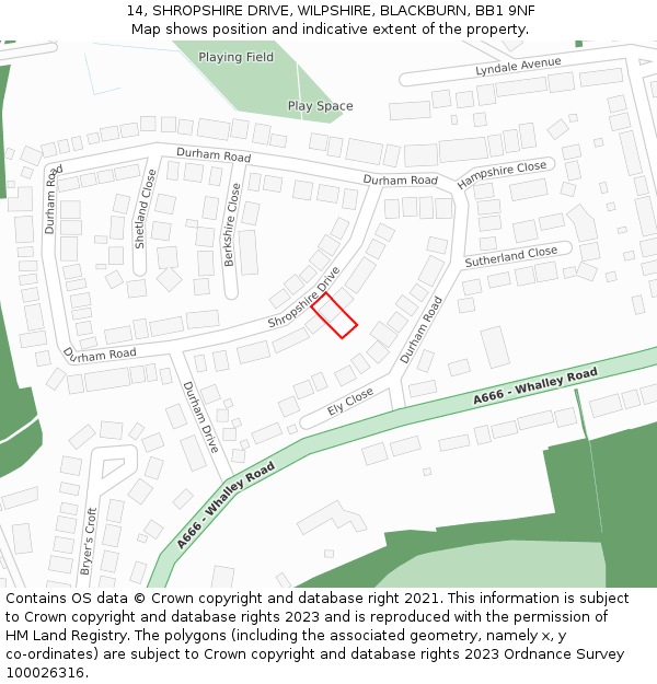 14, SHROPSHIRE DRIVE, WILPSHIRE, BLACKBURN, BB1 9NF: Location map and indicative extent of plot