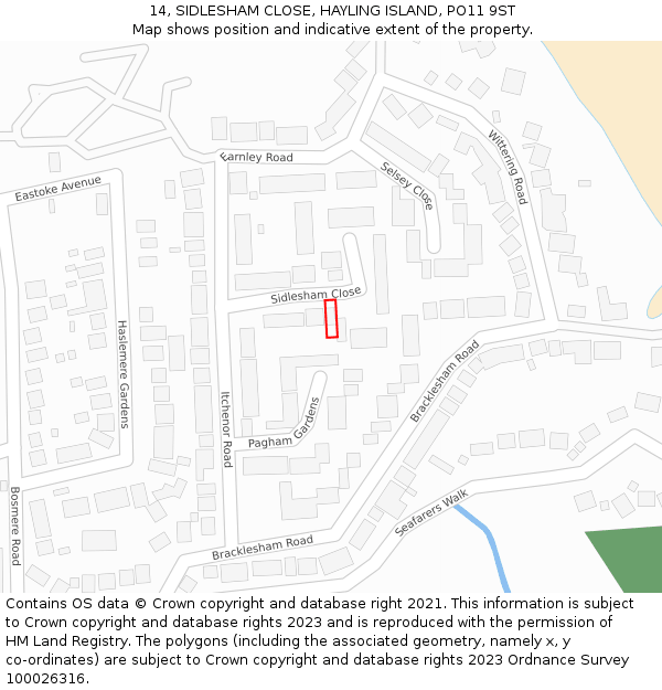 14, SIDLESHAM CLOSE, HAYLING ISLAND, PO11 9ST: Location map and indicative extent of plot