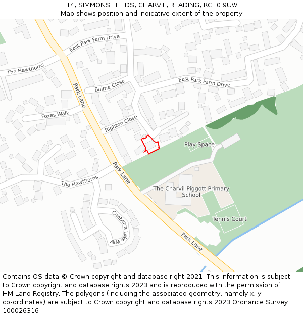 14, SIMMONS FIELDS, CHARVIL, READING, RG10 9UW: Location map and indicative extent of plot