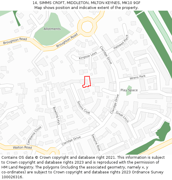 14, SIMMS CROFT, MIDDLETON, MILTON KEYNES, MK10 9GF: Location map and indicative extent of plot