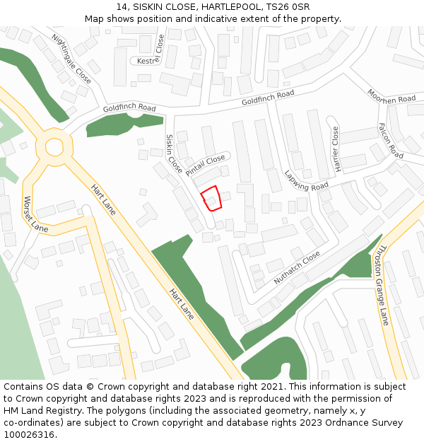 14, SISKIN CLOSE, HARTLEPOOL, TS26 0SR: Location map and indicative extent of plot