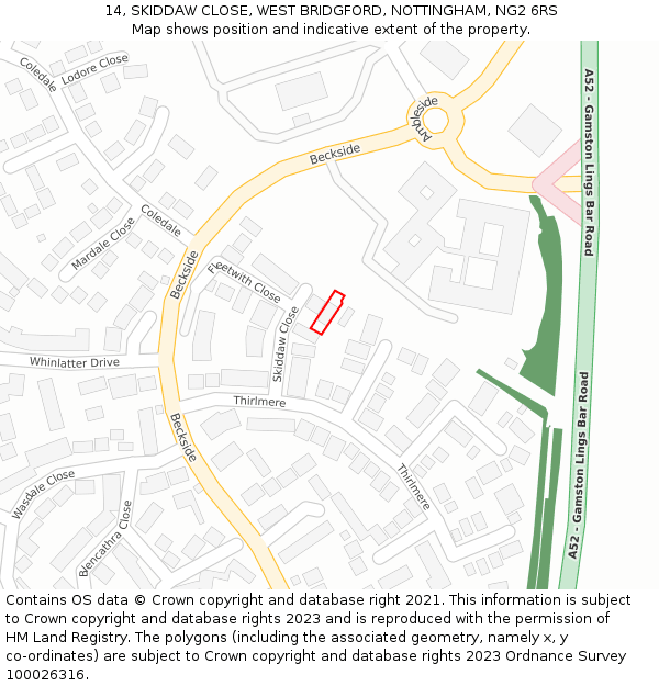 14, SKIDDAW CLOSE, WEST BRIDGFORD, NOTTINGHAM, NG2 6RS: Location map and indicative extent of plot