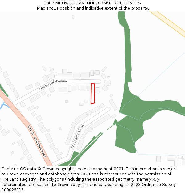 14, SMITHWOOD AVENUE, CRANLEIGH, GU6 8PS: Location map and indicative extent of plot