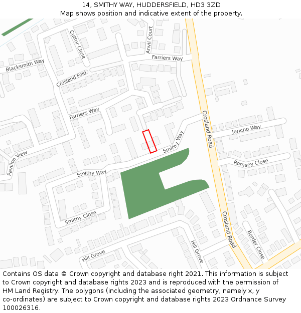 14, SMITHY WAY, HUDDERSFIELD, HD3 3ZD: Location map and indicative extent of plot