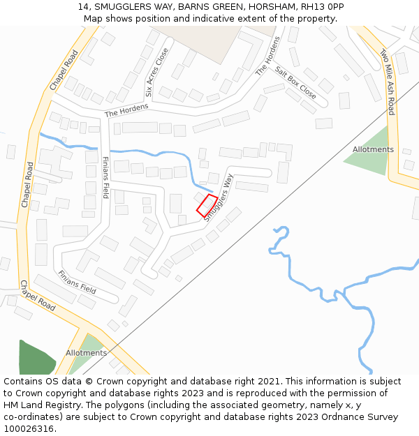 14, SMUGGLERS WAY, BARNS GREEN, HORSHAM, RH13 0PP: Location map and indicative extent of plot