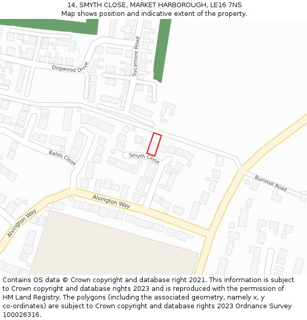 14, SMYTH CLOSE, MARKET HARBOROUGH, LE16 7NS: Location map and indicative extent of plot