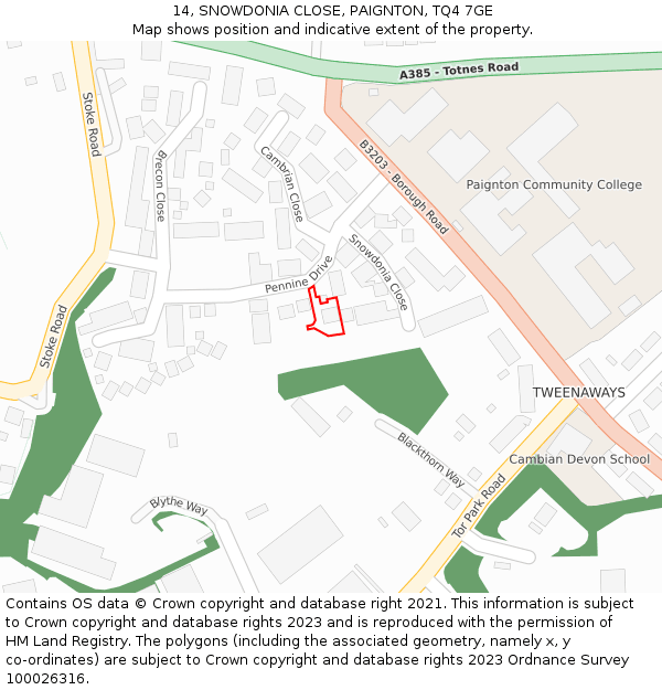 14, SNOWDONIA CLOSE, PAIGNTON, TQ4 7GE: Location map and indicative extent of plot