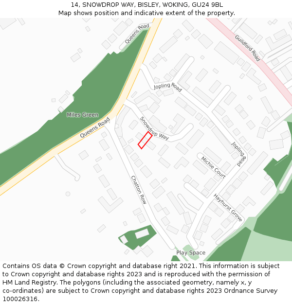 14, SNOWDROP WAY, BISLEY, WOKING, GU24 9BL: Location map and indicative extent of plot