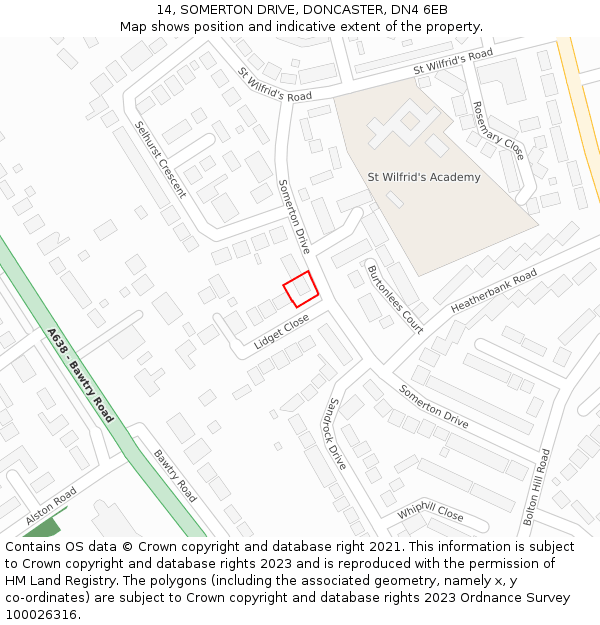 14, SOMERTON DRIVE, DONCASTER, DN4 6EB: Location map and indicative extent of plot