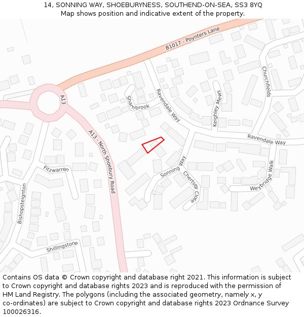 14, SONNING WAY, SHOEBURYNESS, SOUTHEND-ON-SEA, SS3 8YQ: Location map and indicative extent of plot