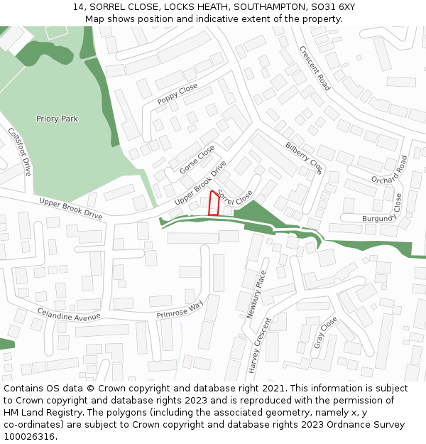 14, SORREL CLOSE, LOCKS HEATH, SOUTHAMPTON, SO31 6XY: Location map and indicative extent of plot